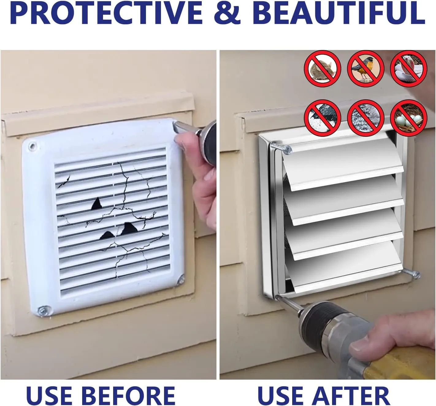 Funmit 6'' Metal Dryer Vent Cover, 7"x7" Outside Dimensions with Metal Mesh Screen, Outdoor Stainless Steel Louvered Vent Cover Includes 4 Screw for Easy Installation