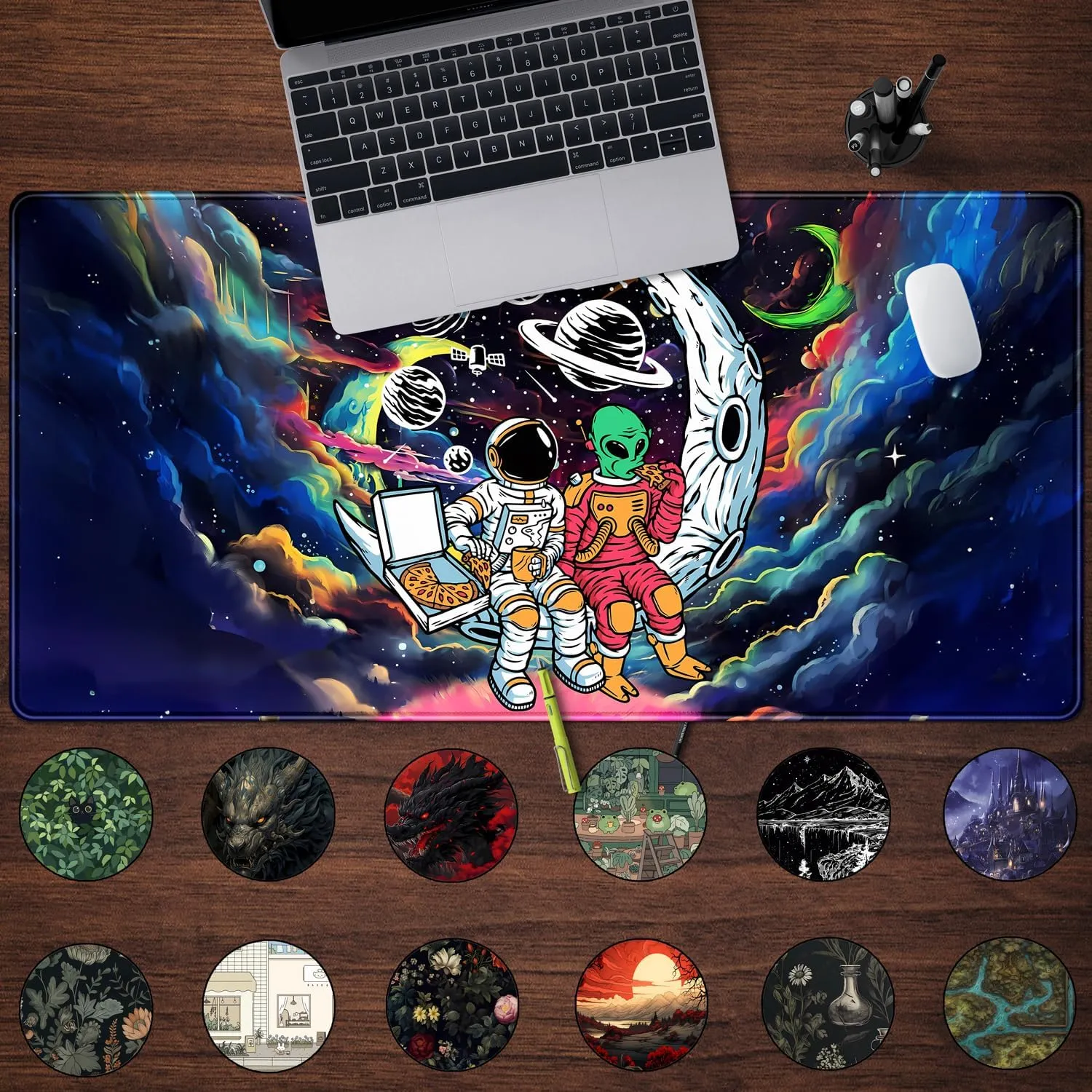 Funny Space Mouse Pad Desk Mat Astronaut Alien Large Gaming Mouse Pads Anime Desk Pad Mousepad XXL Cool Trippy Universe Extended Keyboard Mat with Stitched Edges Anti-Slip, 31.5 X 15.8 in