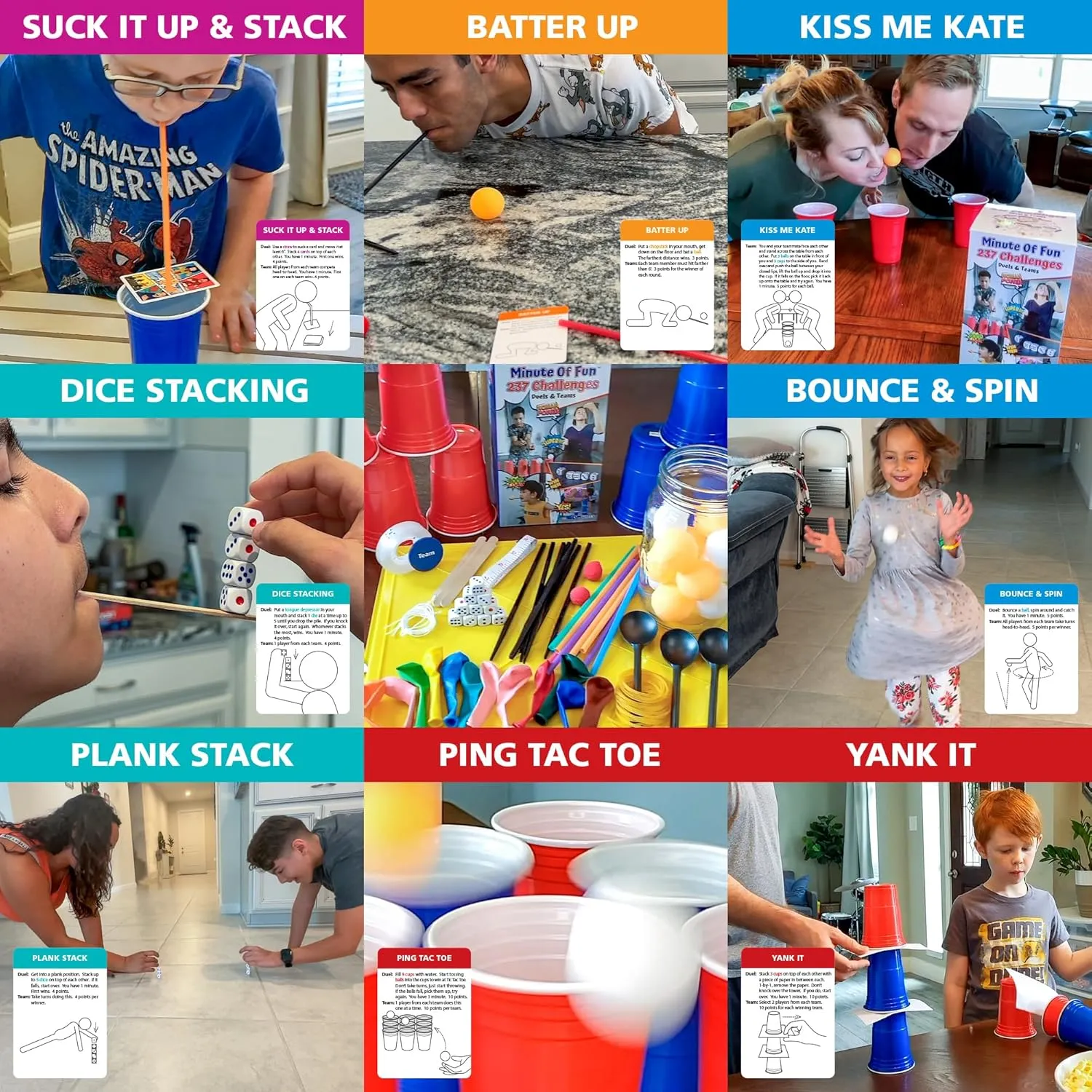 Funwares Minute of Fun Game - Minute to Win It Games for Kids, Adults, Teens, Families, Game Night, Gift for Home, Birthdays, or Travel. 2-12 Players! Original - 237 Challenges