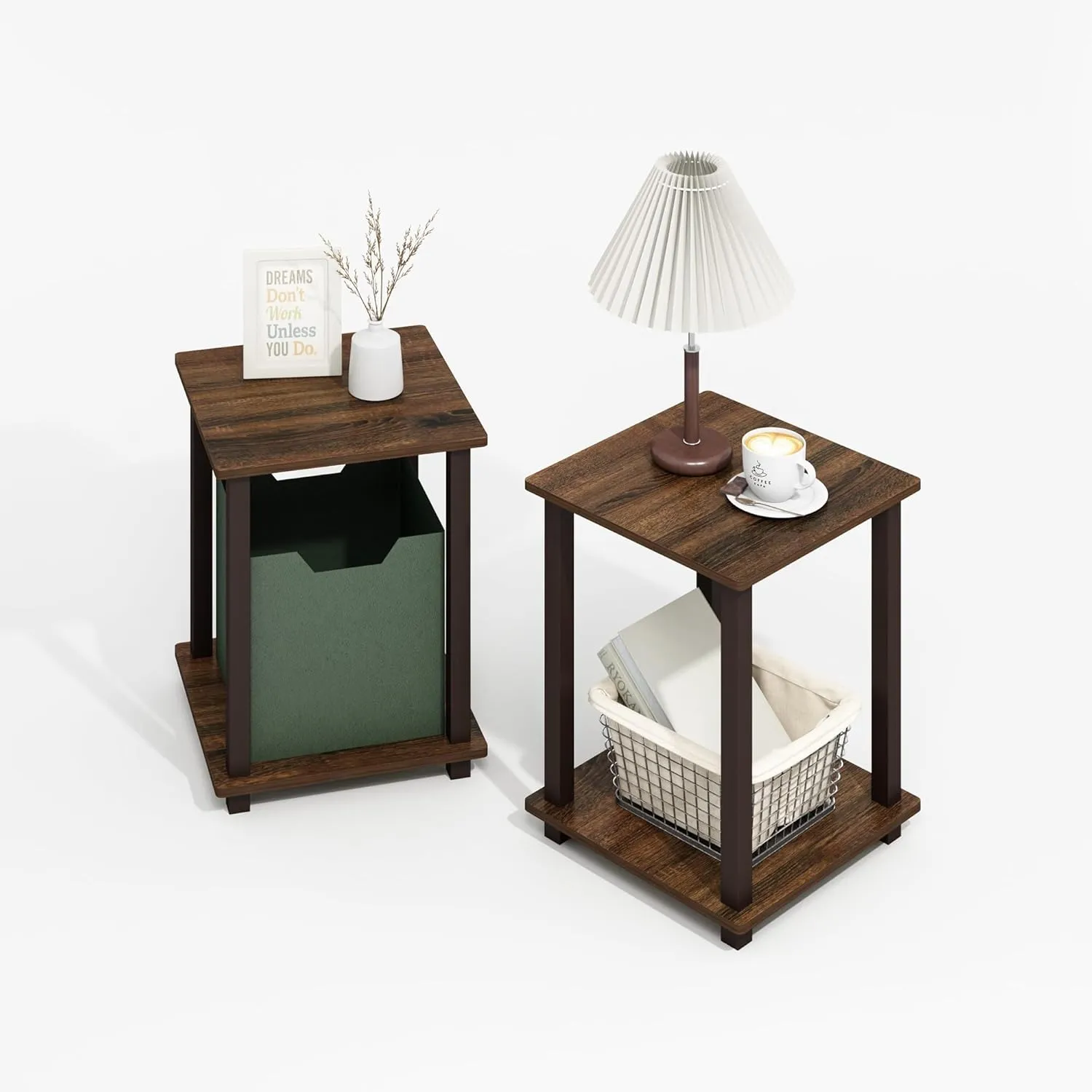 Furinno Simplistic End Table, 2-Pack, Plastic Pole 15.6 x 15.6, Black Walnut/Brown