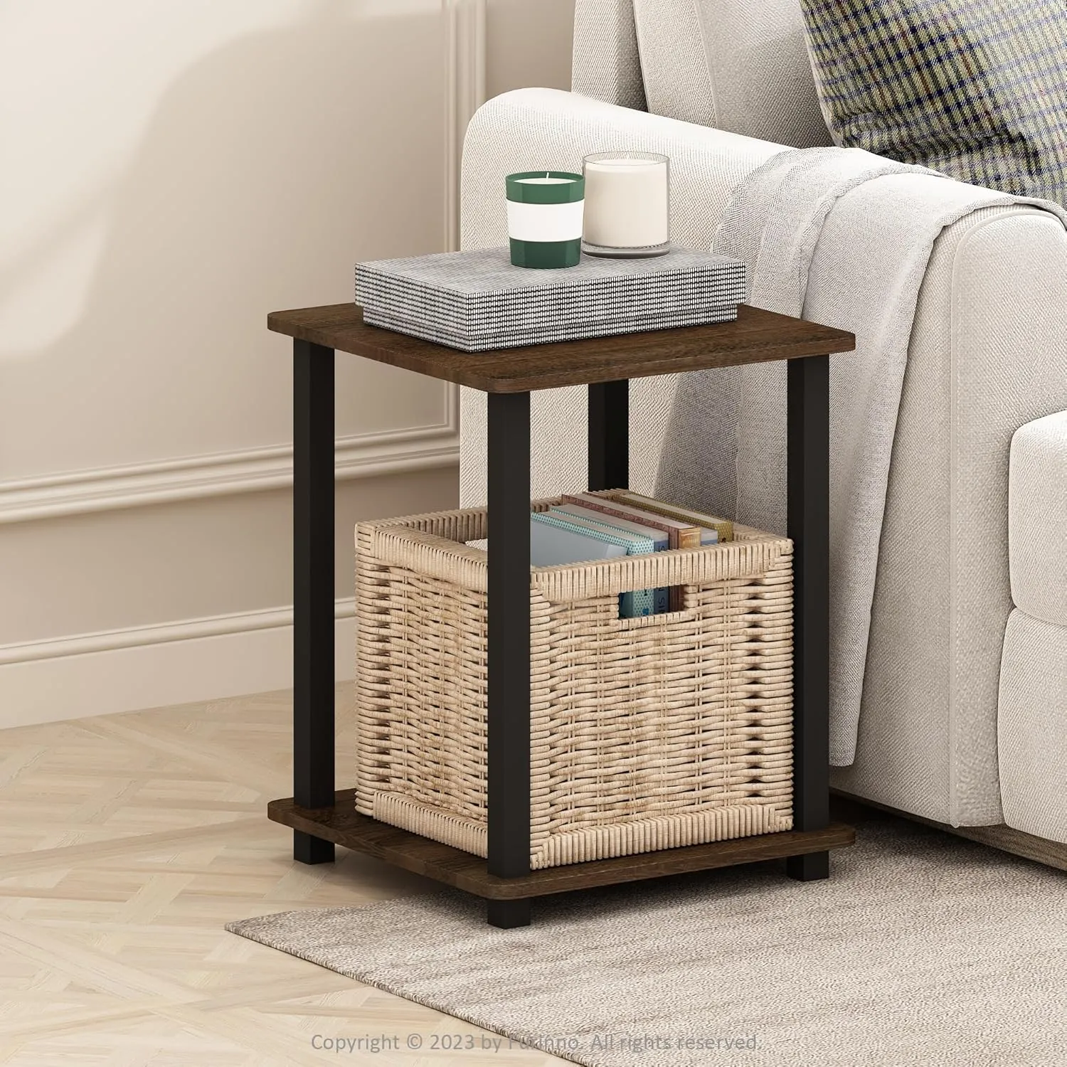 Furinno Simplistic End Table, 2-Pack, Plastic Pole 15.6 x 15.6, Black Walnut/Brown