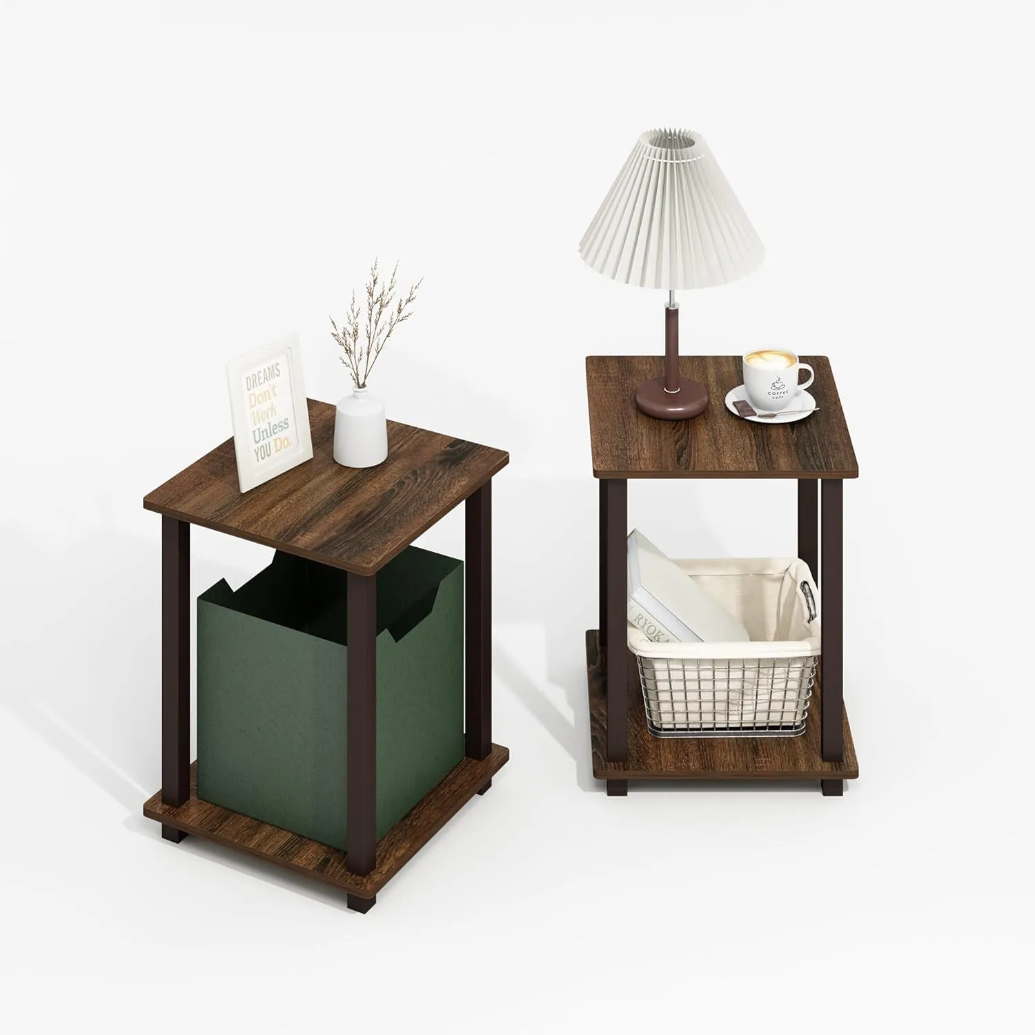 Furinno Simplistic End Table, 2-Pack, Plastic Pole 15.6 x 15.6, Black Walnut/Brown