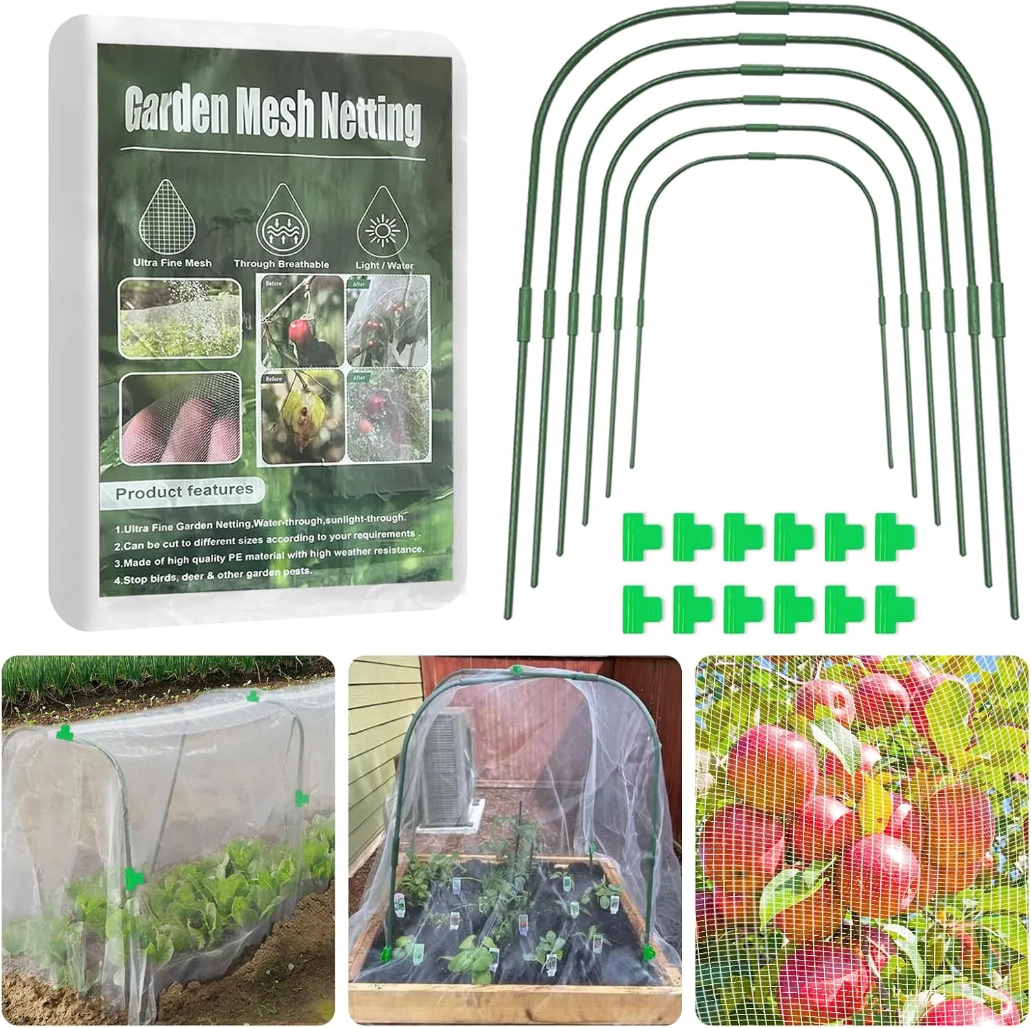 Garden Mesh Netting Kit for Raised Beds, 10 * 30FT Ultra Fine Plant Netting Covers with 6 Pcs Wide Garden Hoops & 12 Clips, Row Cover Net Protect Greenhouse Fruit Vegetable Flowers from Birds Bugs