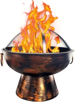 GasOne 22 in Round Outdoor Fire Pit - Wood Burning With Mesh Lid and Fire Picker - Durable Alloy Steel for Outside - Small for Backyard, Porch, Deck, Camping, BBQ