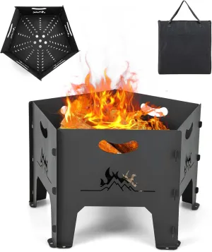 Giantex Collapsible Wood Burning Fire Bowl - 19" Pentagon Fire Pit with Carrying Bag, Heavy Duty for Camping, Backyard, Patio, Black