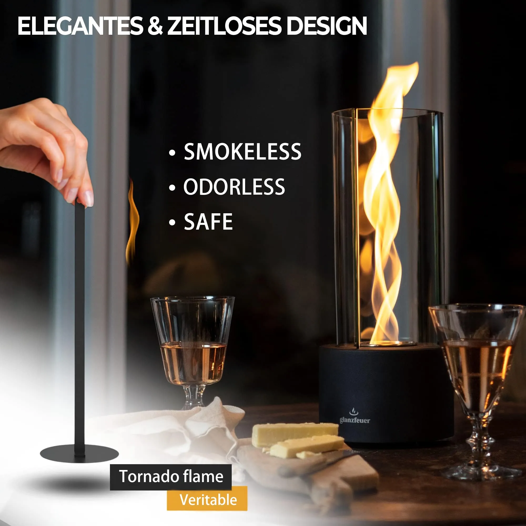 Glanzfeuer Tornado Tabletop Fireplace for Indoor and Outdoor, Balcony & Home Decoration Gift, Alcohol Tabletop Fire Pit for Gatherings - 60  Min Burn, Premium Ethanol Table top Firepit- (Clear Glass)