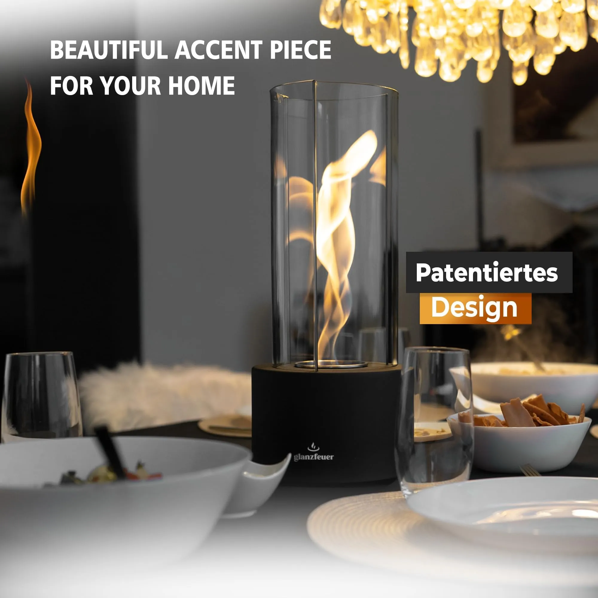 Glanzfeuer Tornado Tabletop Fireplace for Indoor and Outdoor, Balcony & Home Decoration Gift, Alcohol Tabletop Fire Pit for Gatherings - 60  Min Burn, Premium Ethanol Table top Firepit- (Clear Glass)