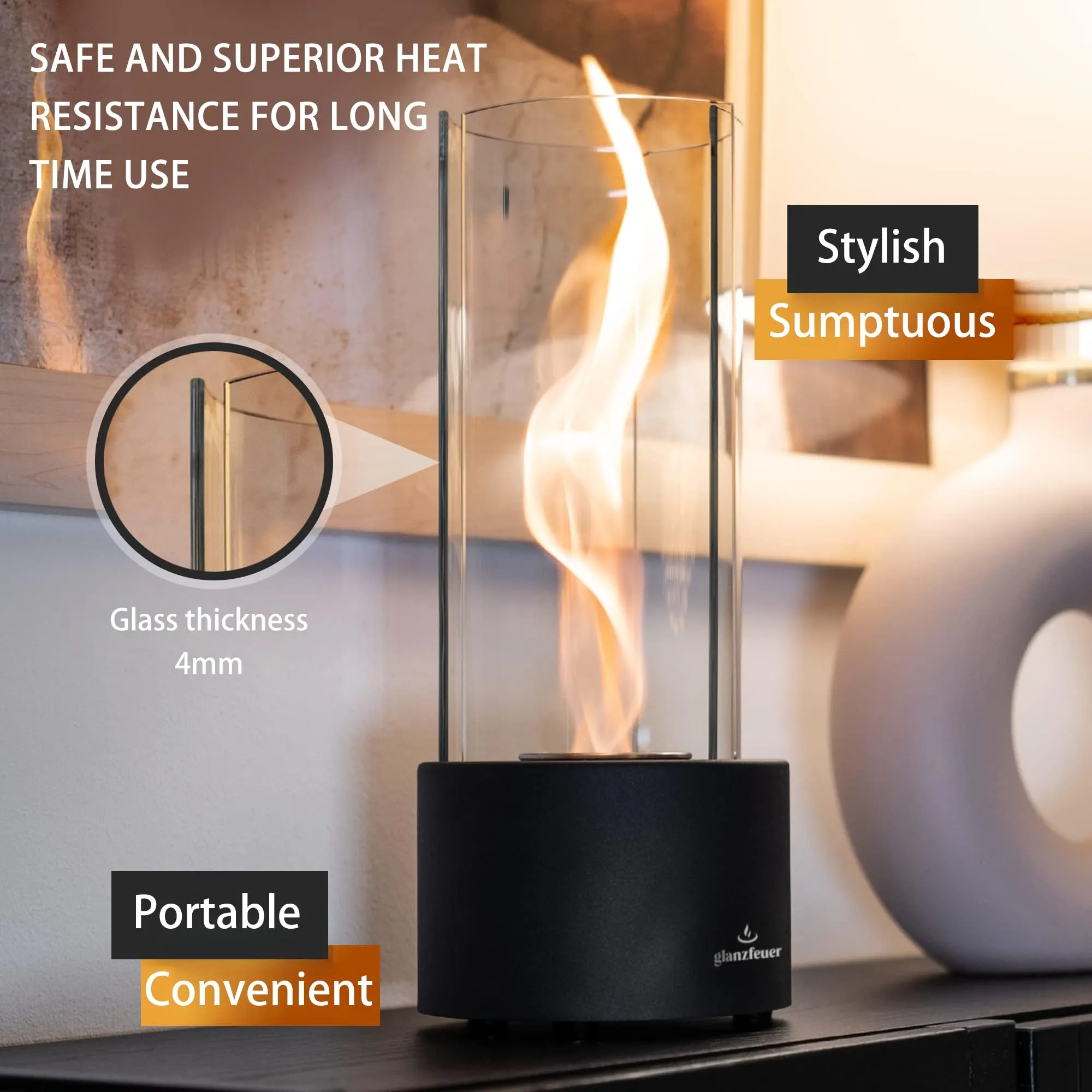 Glanzfeuer Tornado Tabletop Fireplace for Indoor and Outdoor, Balcony & Home Decoration Gift, Alcohol Tabletop Fire Pit for Gatherings - 60  Min Burn, Premium Ethanol Table top Firepit- (Clear Glass)