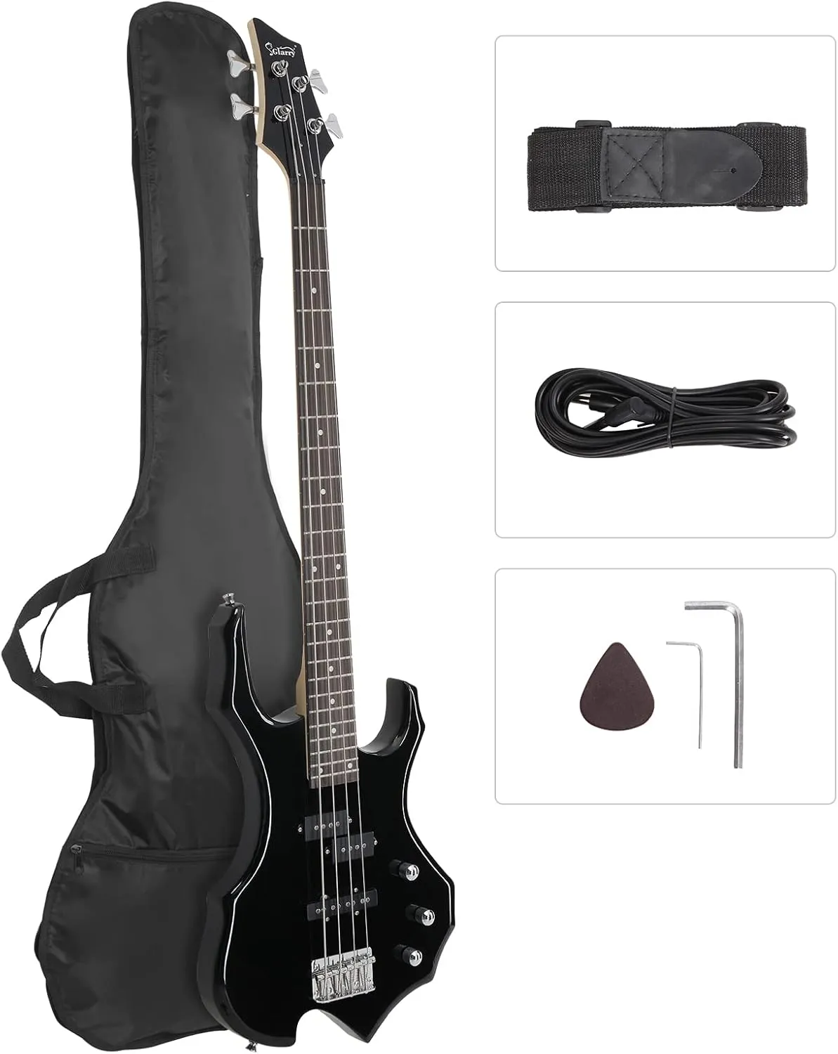 GLARRY Electric Bass Guitar 4 Strings Buring Fire Style Full Size for Beginner Right Hand with Bag, Strap and Accessories (Black)