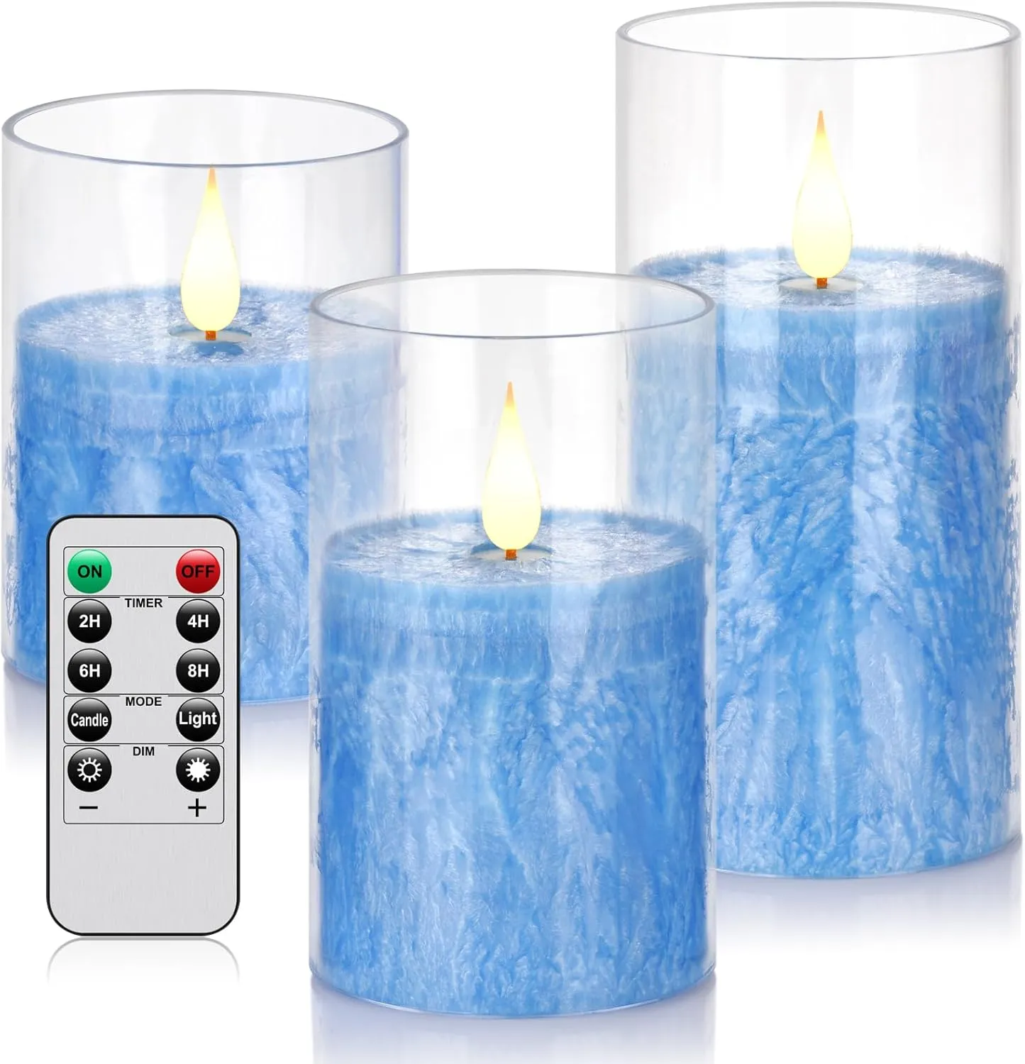 Glass Flameless Battery Operated Flickering Candles:3PACK Real Wax Pillar Candle,Electric LED Candle with 10-Key Remote Control and 24 Hours Timer for Home Decoration Holiday Party (Blue)