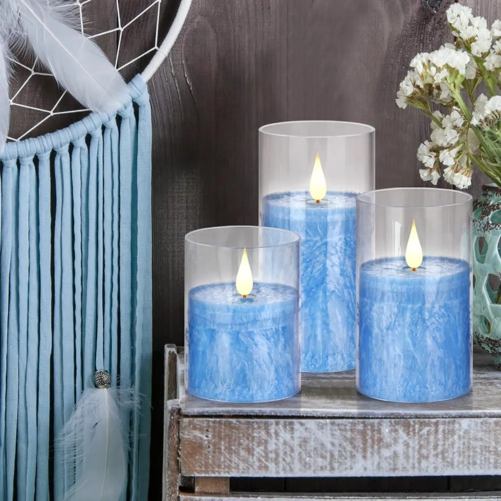 Glass Flameless Battery Operated Flickering Candles:3PACK Real Wax Pillar Candle,Electric LED Candle with 10-Key Remote Control and 24 Hours Timer for Home Decoration Holiday Party (Blue)