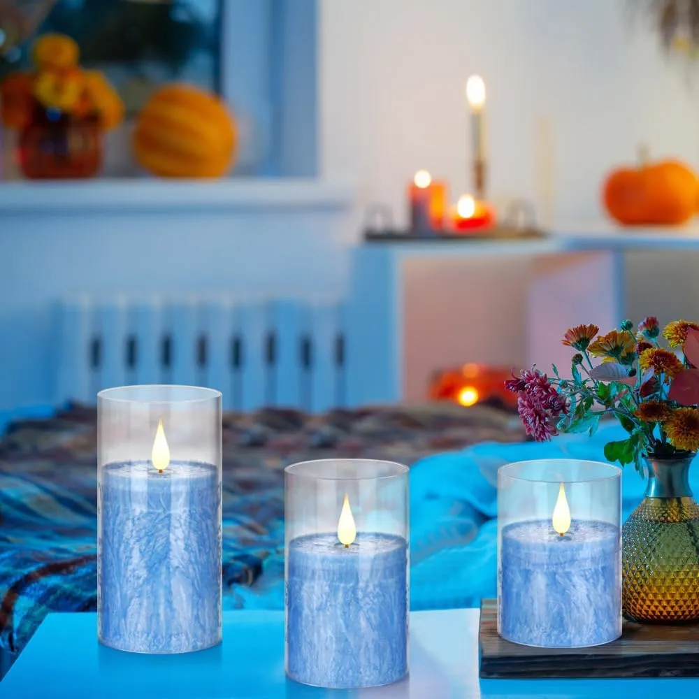 Glass Flameless Battery Operated Flickering Candles:3PACK Real Wax Pillar Candle,Electric LED Candle with 10-Key Remote Control and 24 Hours Timer for Home Decoration Holiday Party (Blue)