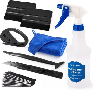 Gomake Vehicle Vinyl Wrap Window Tint Film Tool Kit with Spray Bottle,4 Inch Felt Squeegee, Retractable 9mm Utility Knife and Blades, Zippy Vinyl Cutter and Mini Go Corner Squeegee for Car Wrapping
