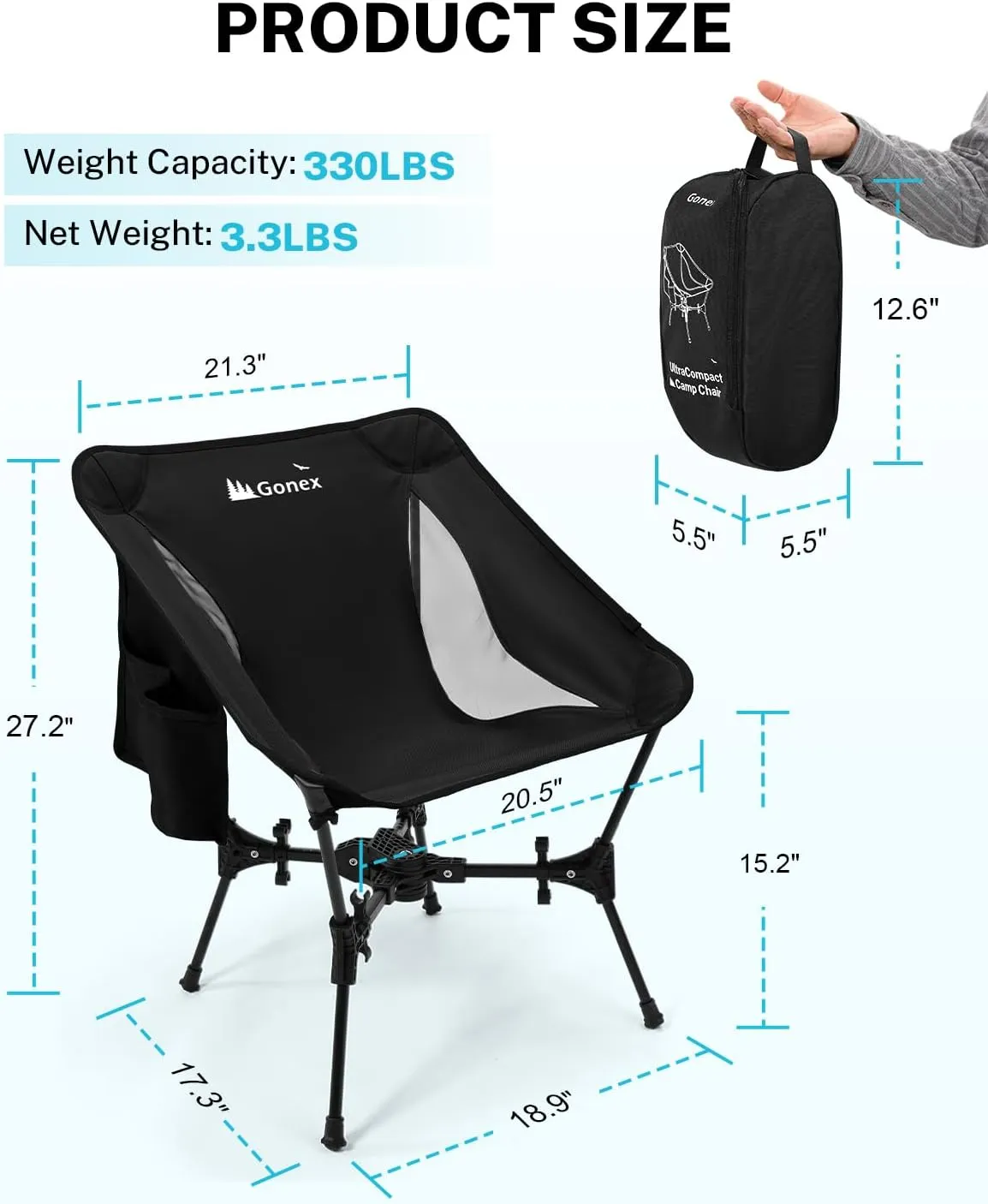 Gonex Portable Camping Chair, The 5th Gen Ultralight Compact Backpacking Foldable Lightweight Folding Chair for Outdoor Camp Hiking Beach Picnic Concert, Supports 330lbs (Black,1PCS)