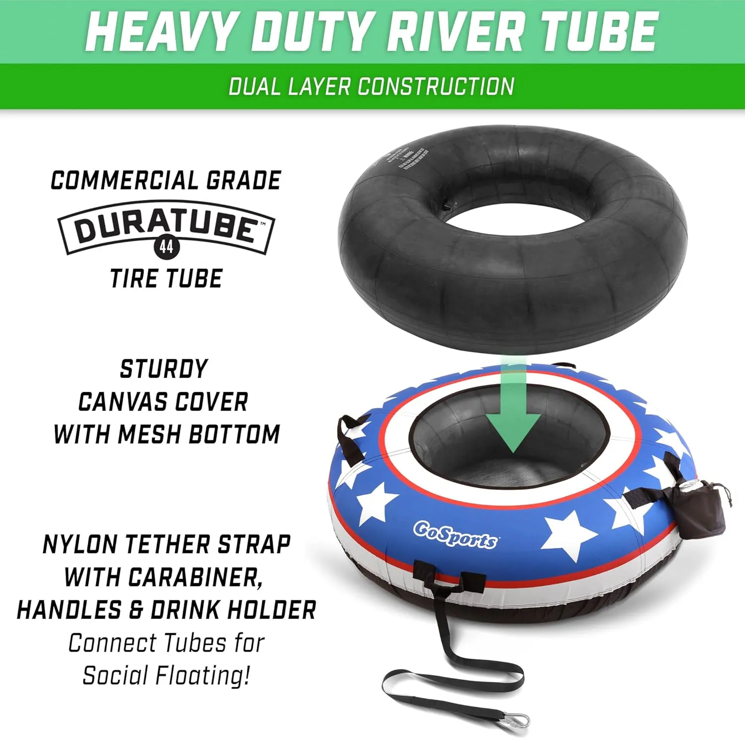 GoSports 44 Inch Heavy-Duty River Tube with Premium Canvas Cover - Choose Your Style - Commercial Grade River Tube
