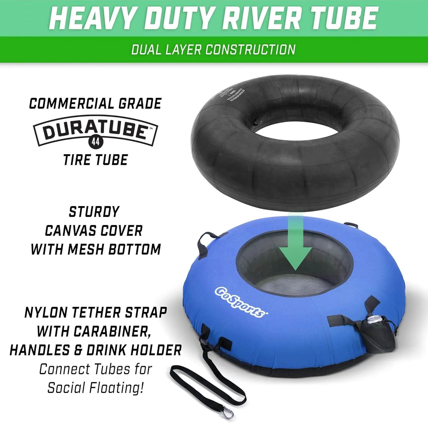 GoSports 44 Inch Heavy-Duty River Tube with Premium Canvas Cover - Choose Your Style - Commercial Grade River Tube