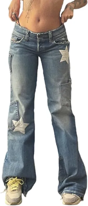 Gothic Women's Pants Vintage Pentagram Print Jeans Women's High Waist Straight Jeans