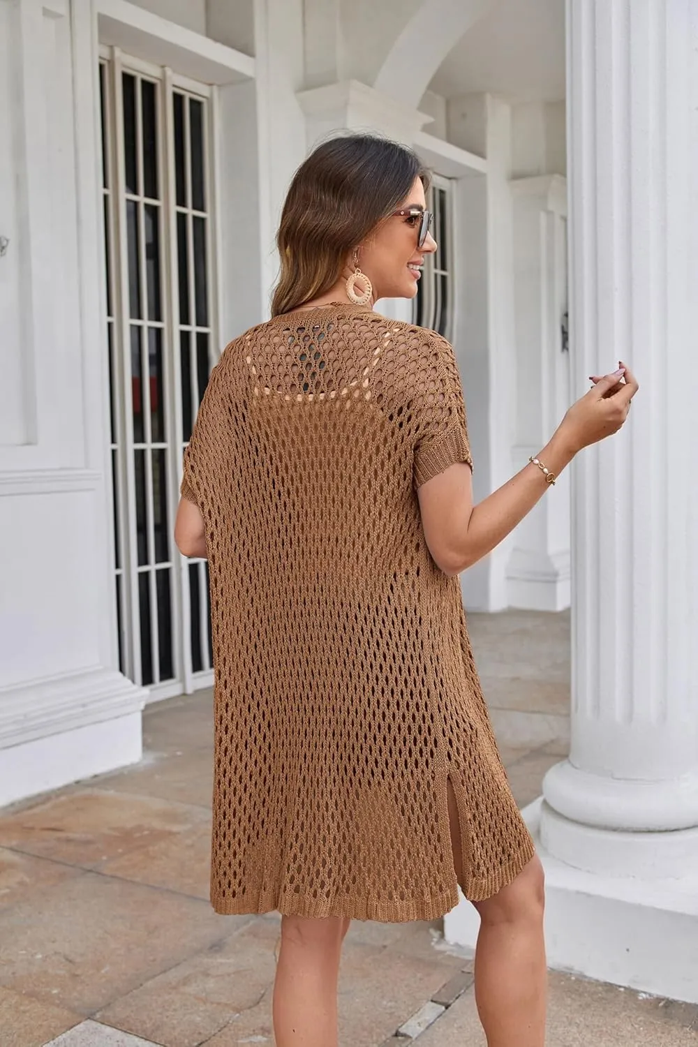 GRACE KARIN Mesh Cardigan Sweaters for Women Crochet Short Sleeve Open-Front Long Cardigan Cover ups Knitted Sheer Tops