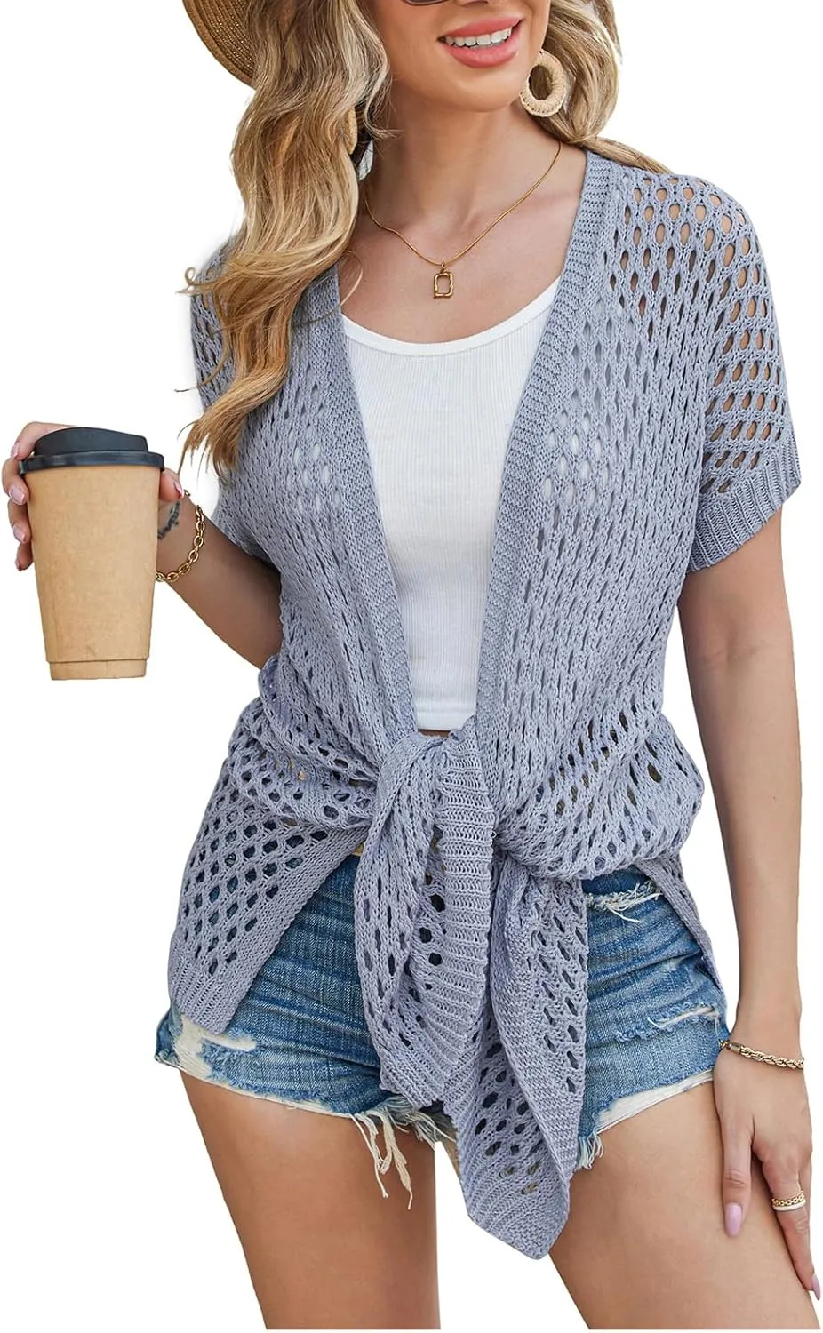GRACE KARIN Mesh Cardigan Sweaters for Women Crochet Short Sleeve Open-Front Long Cardigan Cover ups Knitted Sheer Tops