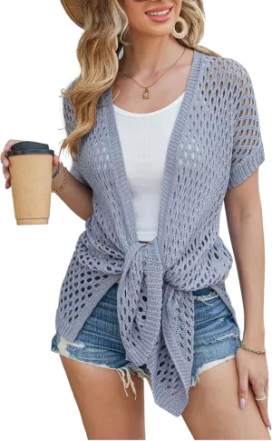 GRACE KARIN Mesh Cardigan Sweaters for Women Crochet Short Sleeve Open-Front Long Cardigan Cover ups Knitted Sheer Tops
