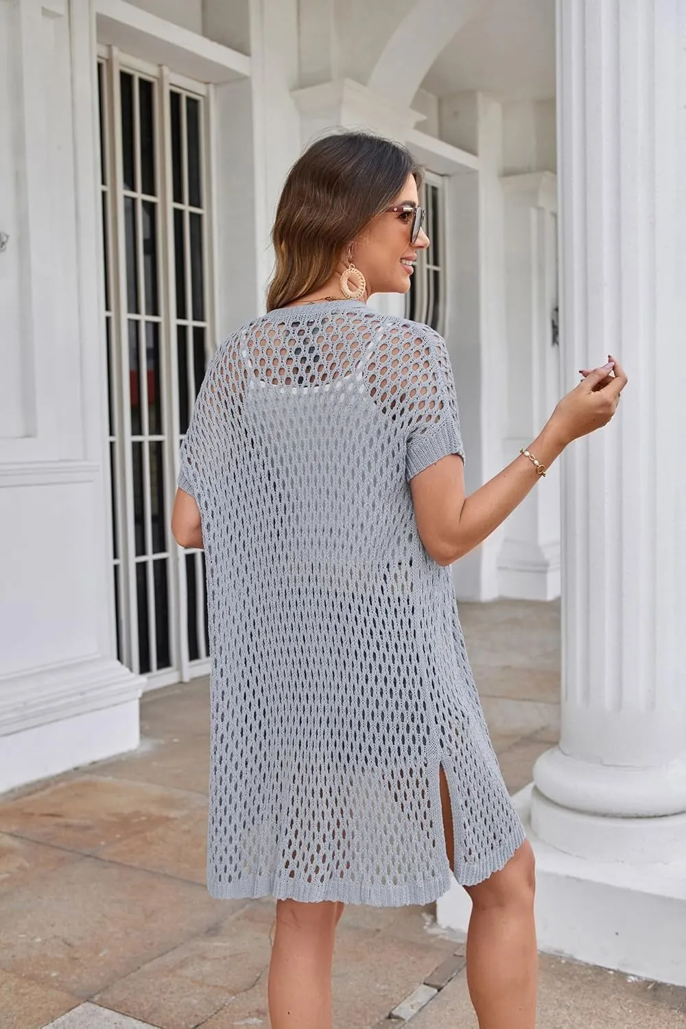 GRACE KARIN Mesh Cardigan Sweaters for Women Crochet Short Sleeve Open-Front Long Cardigan Cover ups Knitted Sheer Tops