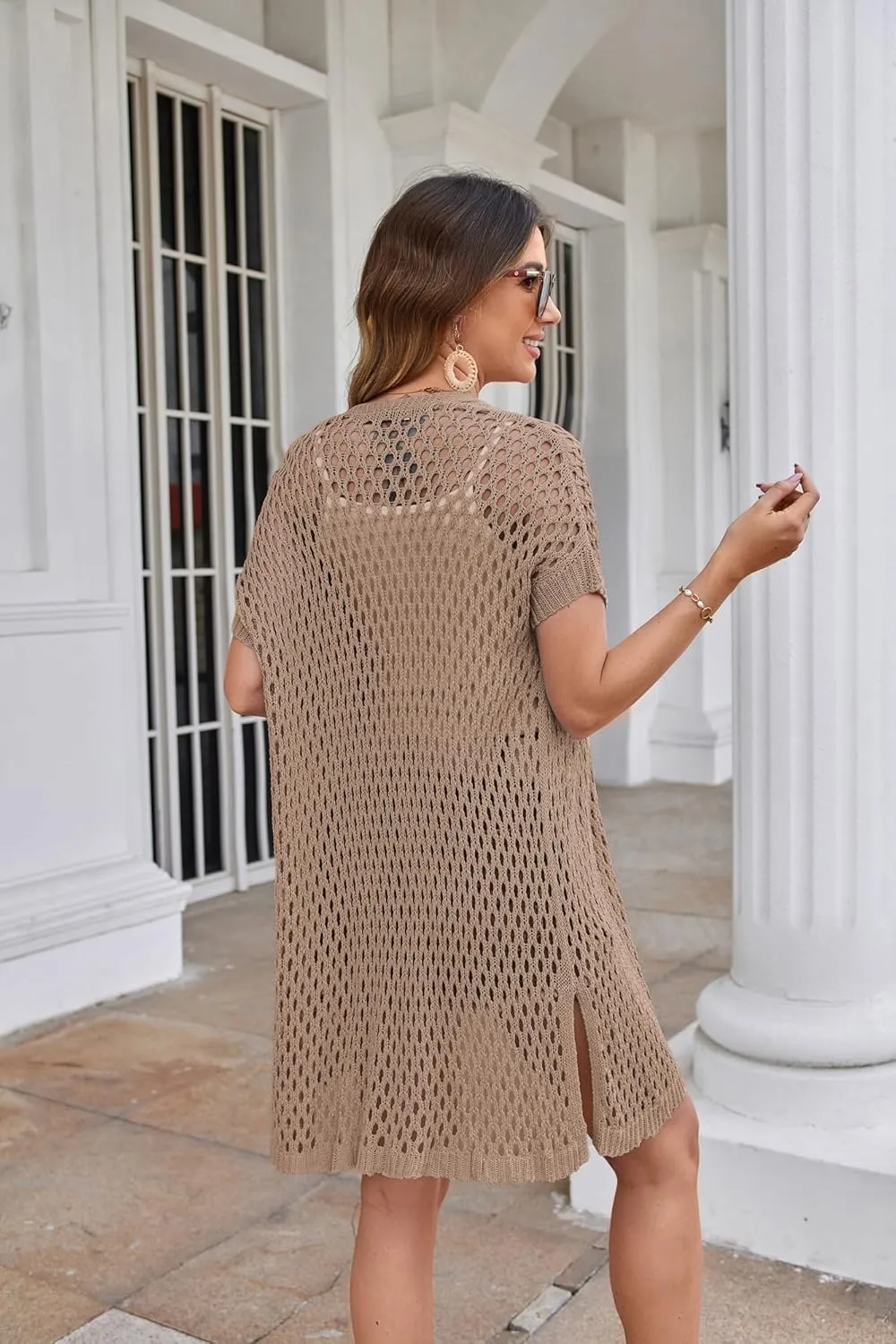 GRACE KARIN Mesh Cardigan Sweaters for Women Crochet Short Sleeve Open-Front Long Cardigan Cover ups Knitted Sheer Tops