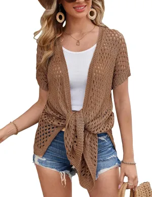 GRACE KARIN Mesh Cardigan Sweaters for Women Crochet Short Sleeve Open-Front Long Cardigan Cover ups Knitted Sheer Tops