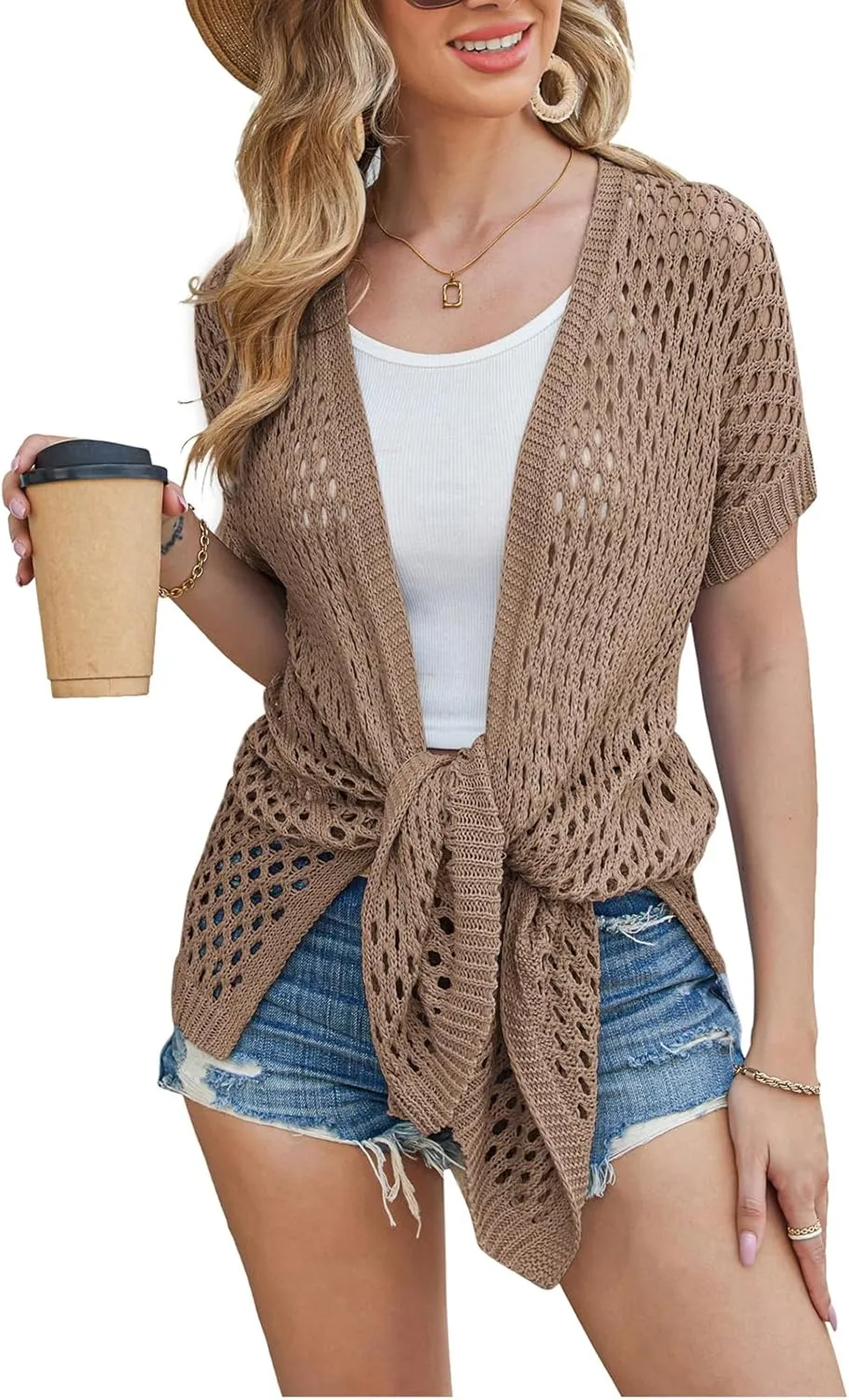 GRACE KARIN Mesh Cardigan Sweaters for Women Crochet Short Sleeve Open-Front Long Cardigan Cover ups Knitted Sheer Tops
