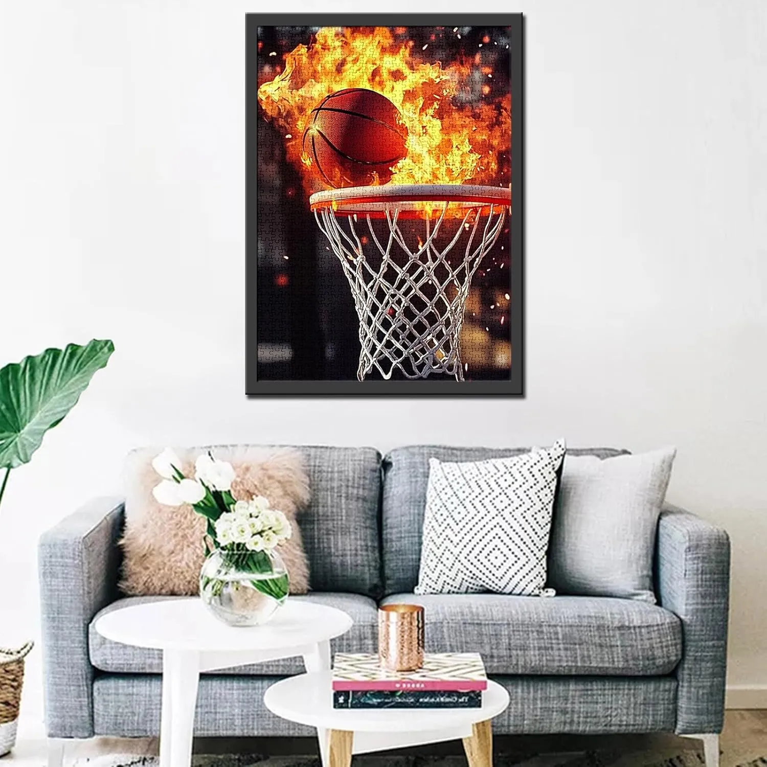 Graffitic 1000 Piece Jigsaw Puzzles for Adults Basketball in Flame Painting Jigsaw Puzzle Ball Sport 1000 Pieces Puzzles Fire Basketball Hoop Wall Decor DIY Craft Magic Puzzle Art Man Cave Decor Gift