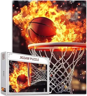 Graffitic 1000 Piece Jigsaw Puzzles for Adults Basketball in Flame Painting Jigsaw Puzzle Ball Sport 1000 Pieces Puzzles Fire Basketball Hoop Wall Decor DIY Craft Magic Puzzle Art Man Cave Decor Gift