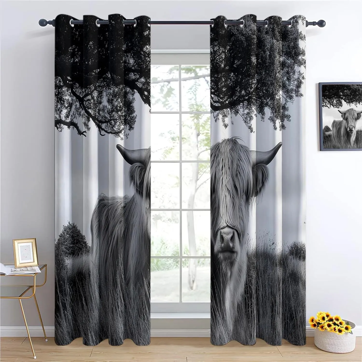 Grommet Curtain Alpine Grassland Animal Cattle 3D Print Window Treatments Blackout Darkening Thermal Insulated Grey Drapes 30" W X 65" L for Bedroom Living Room 2 Panel Set