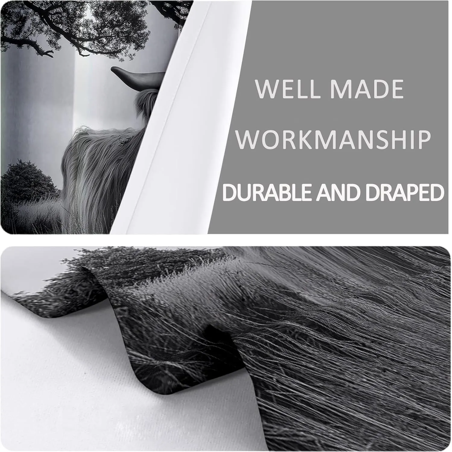 Grommet Curtain Alpine Grassland Animal Cattle 3D Print Window Treatments Blackout Darkening Thermal Insulated Grey Drapes 30" W X 65" L for Bedroom Living Room 2 Panel Set