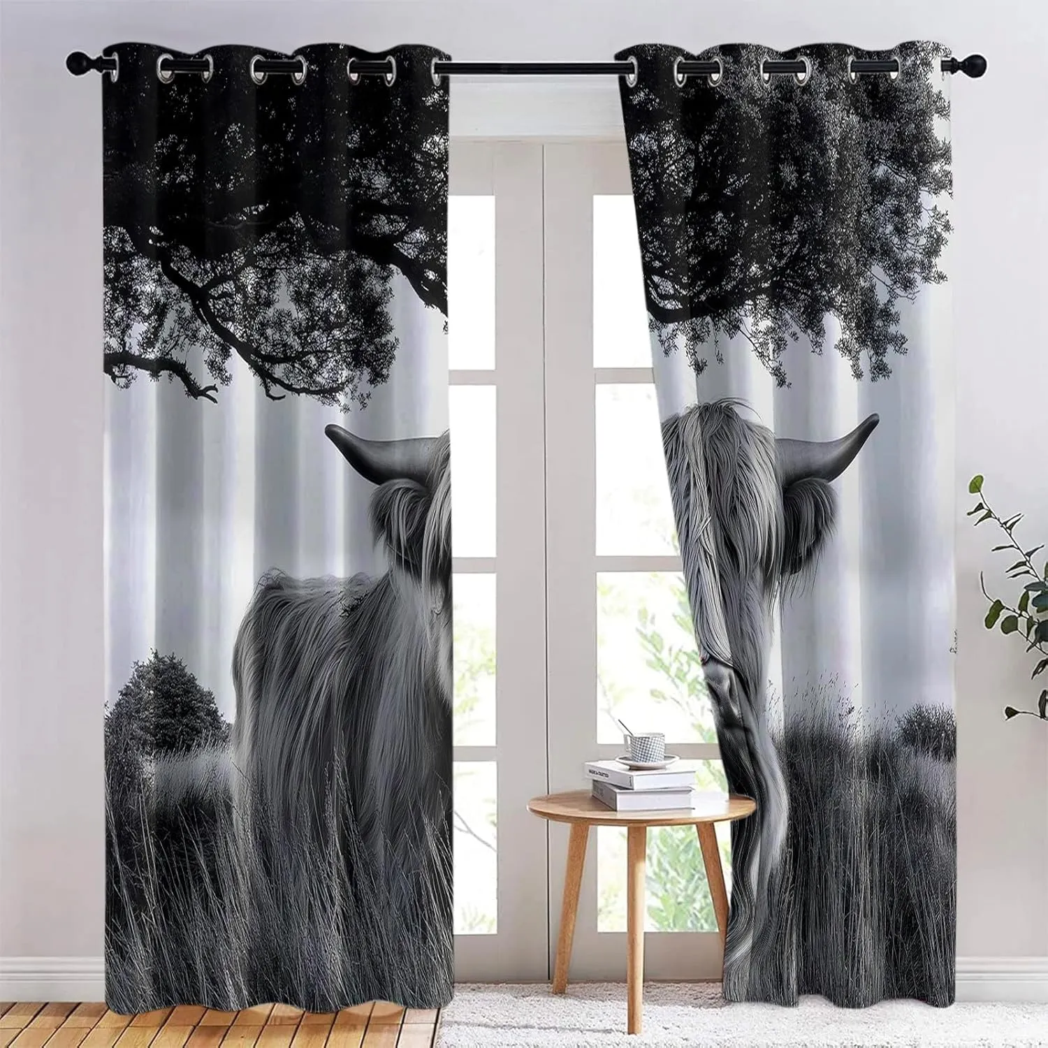 Grommet Curtain Alpine Grassland Animal Cattle 3D Print Window Treatments Blackout Darkening Thermal Insulated Grey Drapes 30" W X 65" L for Bedroom Living Room 2 Panel Set