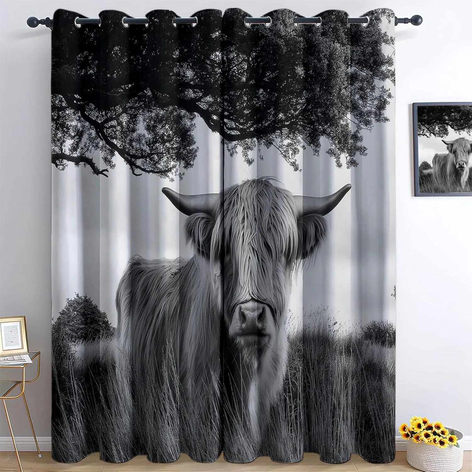 Grommet Curtain Alpine Grassland Animal Cattle 3D Print Window Treatments Blackout Darkening Thermal Insulated Grey Drapes 30" W X 65" L for Bedroom Living Room 2 Panel Set