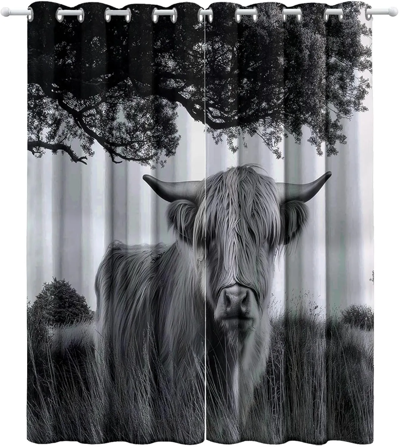 Grommet Curtain Alpine Grassland Animal Cattle 3D Print Window Treatments Blackout Darkening Thermal Insulated Grey Drapes 30" W X 65" L for Bedroom Living Room 2 Panel Set