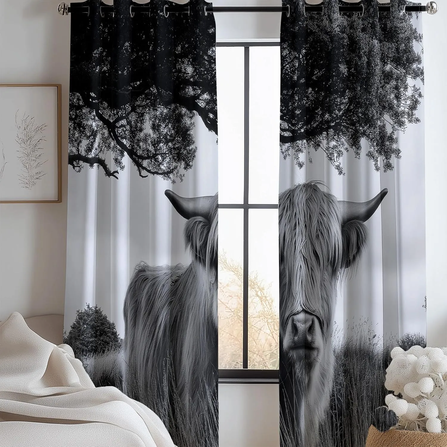 Grommet Curtain Alpine Grassland Animal Cattle 3D Print Window Treatments Blackout Darkening Thermal Insulated Grey Drapes 30" W X 65" L for Bedroom Living Room 2 Panel Set