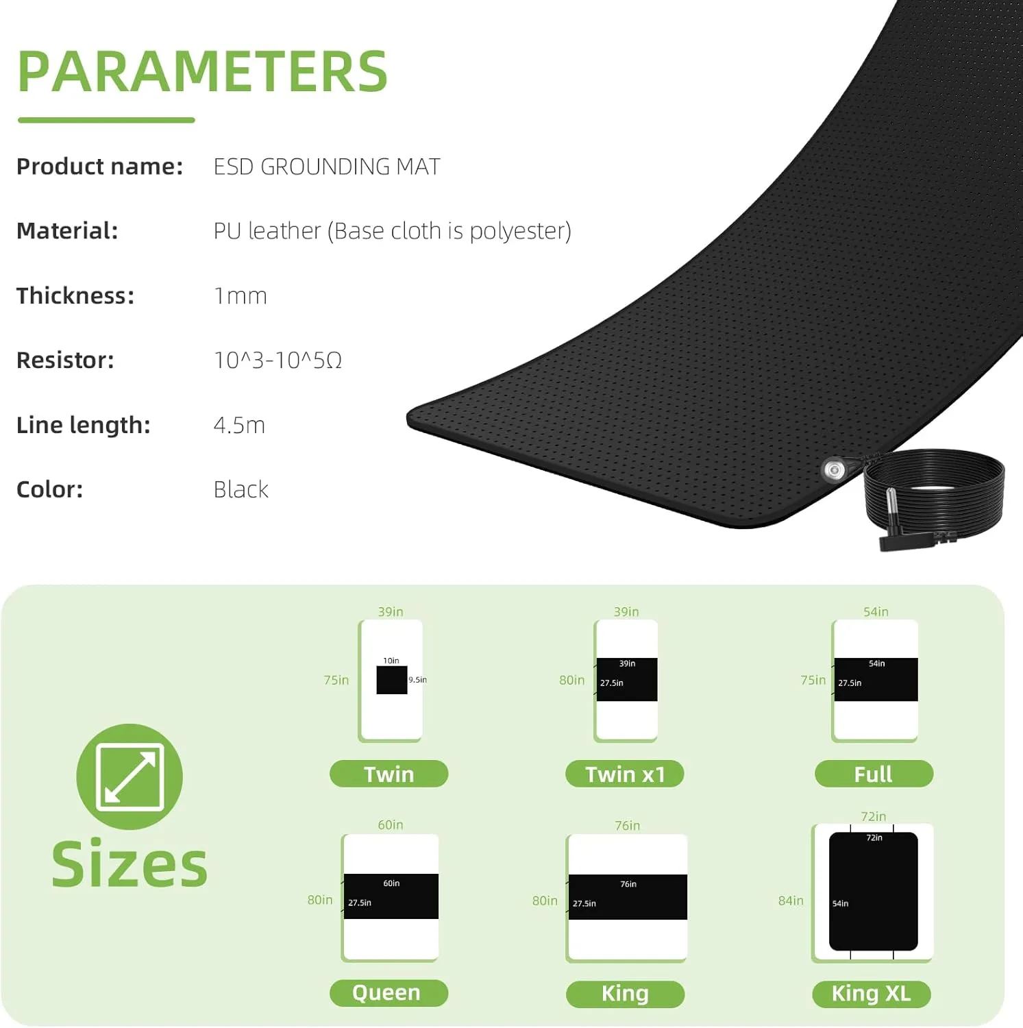 Grounding Mat for Bed, Anti-Slip PU Leather, Grounding Mat Improves Sleep, relieves Stress, with Static grounding Cord and Test Pen (Black, (60.2 * 27 inch))