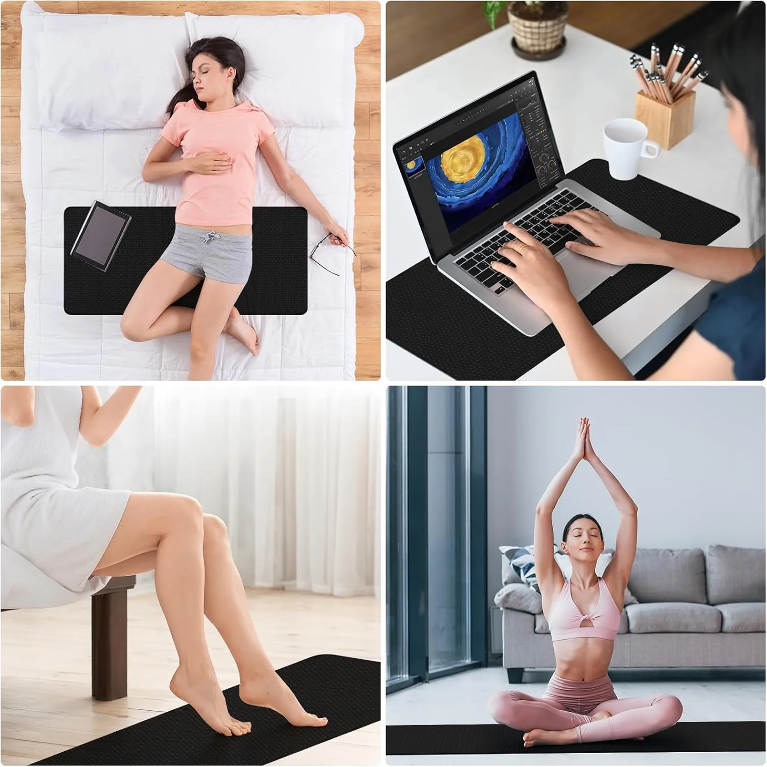 Grounding Mat for Bed, Anti-Slip PU Leather, Grounding Mat Improves Sleep, relieves Stress, with Static grounding Cord and Test Pen (Black, (76.1 * 27.2 inch))