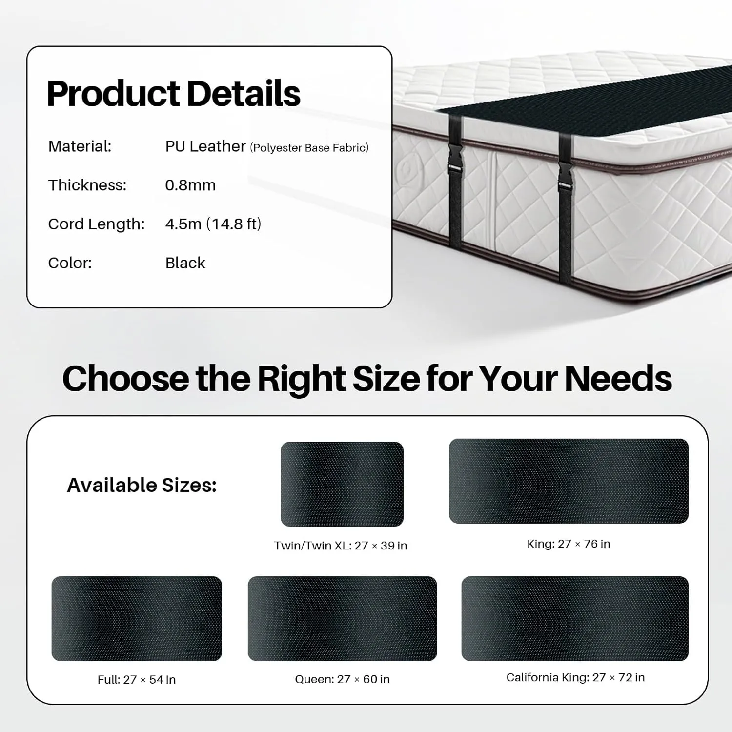 Grounding Mat for Bed: Grounding Pad for Sleeping - Anti-Slip PU Leather Grounded Mattress Pad Kit with Grounding Cord - Full 27''×54‘’