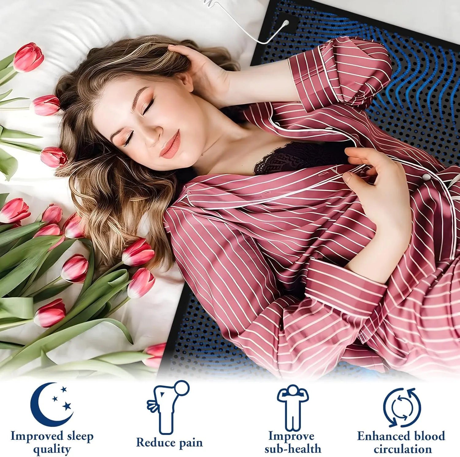Grounding Mat for Bed, Grounding Sheets for Sleeping, Anti-Slip PU Leather Mattress Pad with Grounded Cord, 27" x 60", Queen