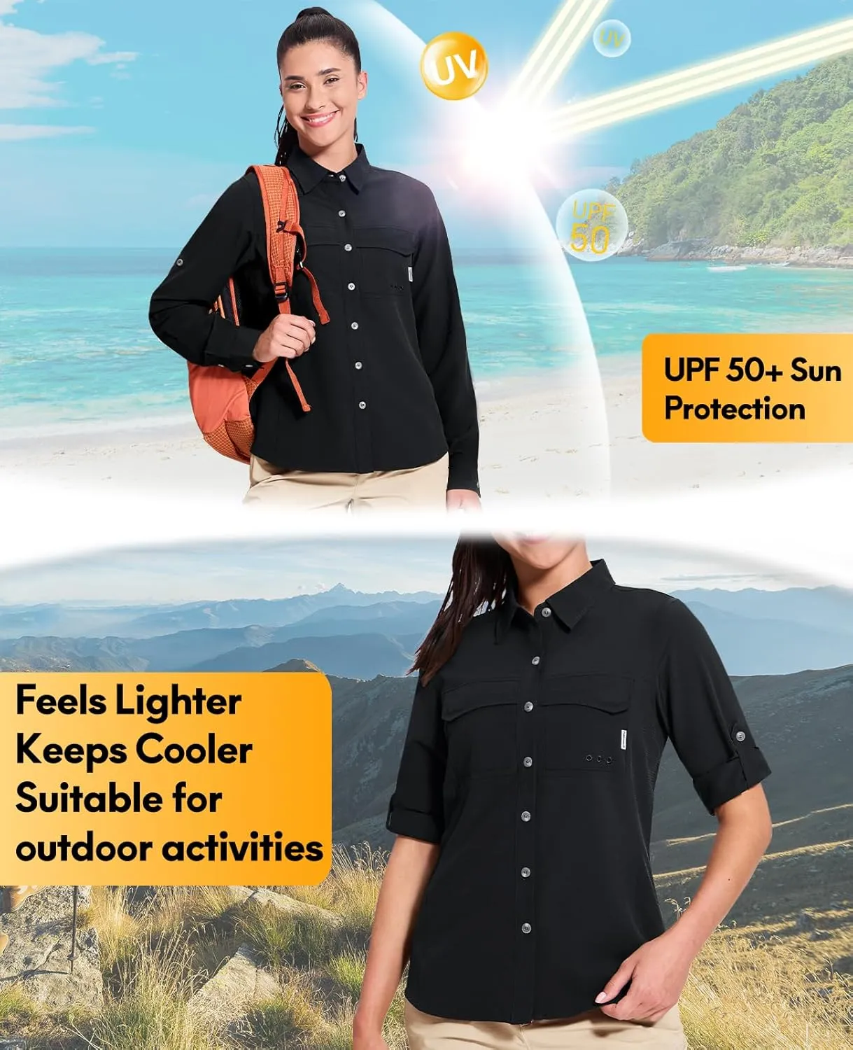 Haimont Women's Travel Hiking Fishing Button Down Shirt, UPF 50  UV Long Sleeve Sun Shirts for Outdoor Camping Sailing