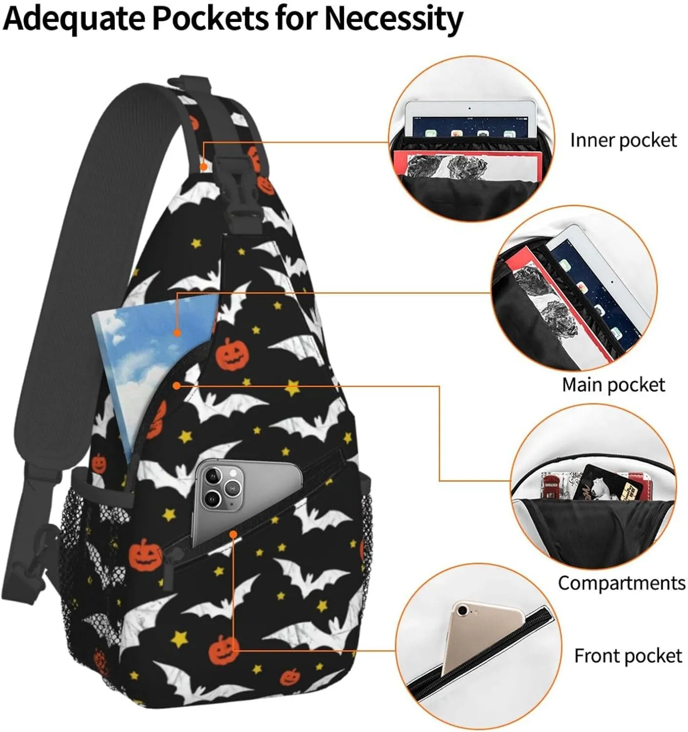 Halloween Bat Sling Bag,Horror Goth Gothic Crossbody Backpack Shoulder Chest Bag for Women Men Travel Hiking Daypack