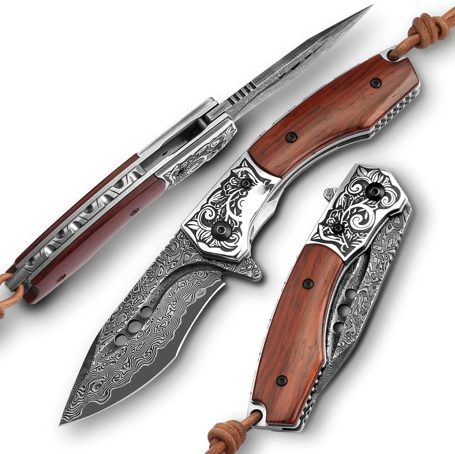 hand made damascus steel pocket knife, 3.1 inch outdoor folding knife, camping rosewood handle with leather case and inner lining