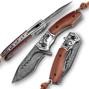 hand made damascus steel pocket knife, 3.1 inch outdoor folding knife, camping rosewood handle with leather case and inner lining