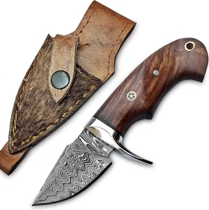 Handmade 6” Damascus Steel Neck Skinning Knife, Rosewood Handle with Steel Guard and Leather Sheath Best EDC Gift for Men and Women