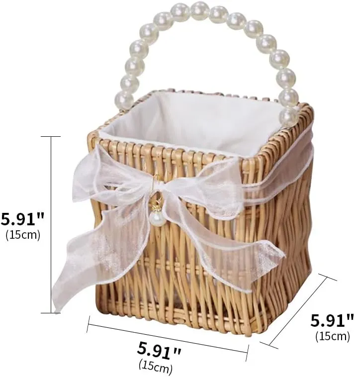 Handwoven Rattan Bag with Pearl Handle Bamboo Bags for Women Summer Wooden Purse Eco Friendly Purse Basket Beach Bag