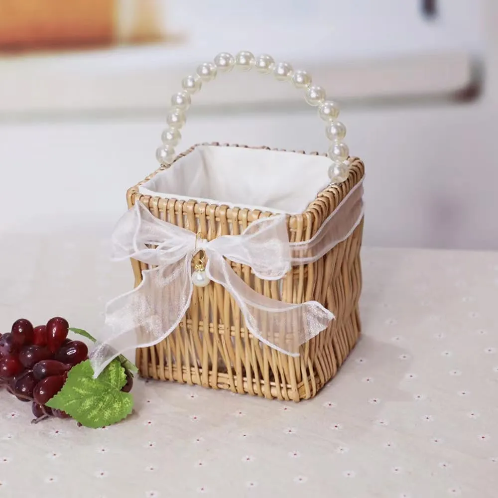 Handwoven Rattan Bag with Pearl Handle Bamboo Bags for Women Summer Wooden Purse Eco Friendly Purse Basket Beach Bag