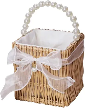 Handwoven Rattan Bag with Pearl Handle Bamboo Bags for Women Summer Wooden Purse Eco Friendly Purse Basket Beach Bag