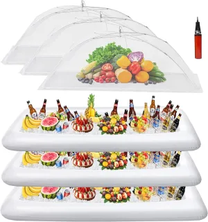 HBlife Inflatable Serving Bar with Jumbo Mesh Food Umbrella Cover, Party Supplies Set for Picnics BBQ Gathering Outside, 3 Inflatable Cooler, 3 Large Food Tents/Food Covers for Outdoors