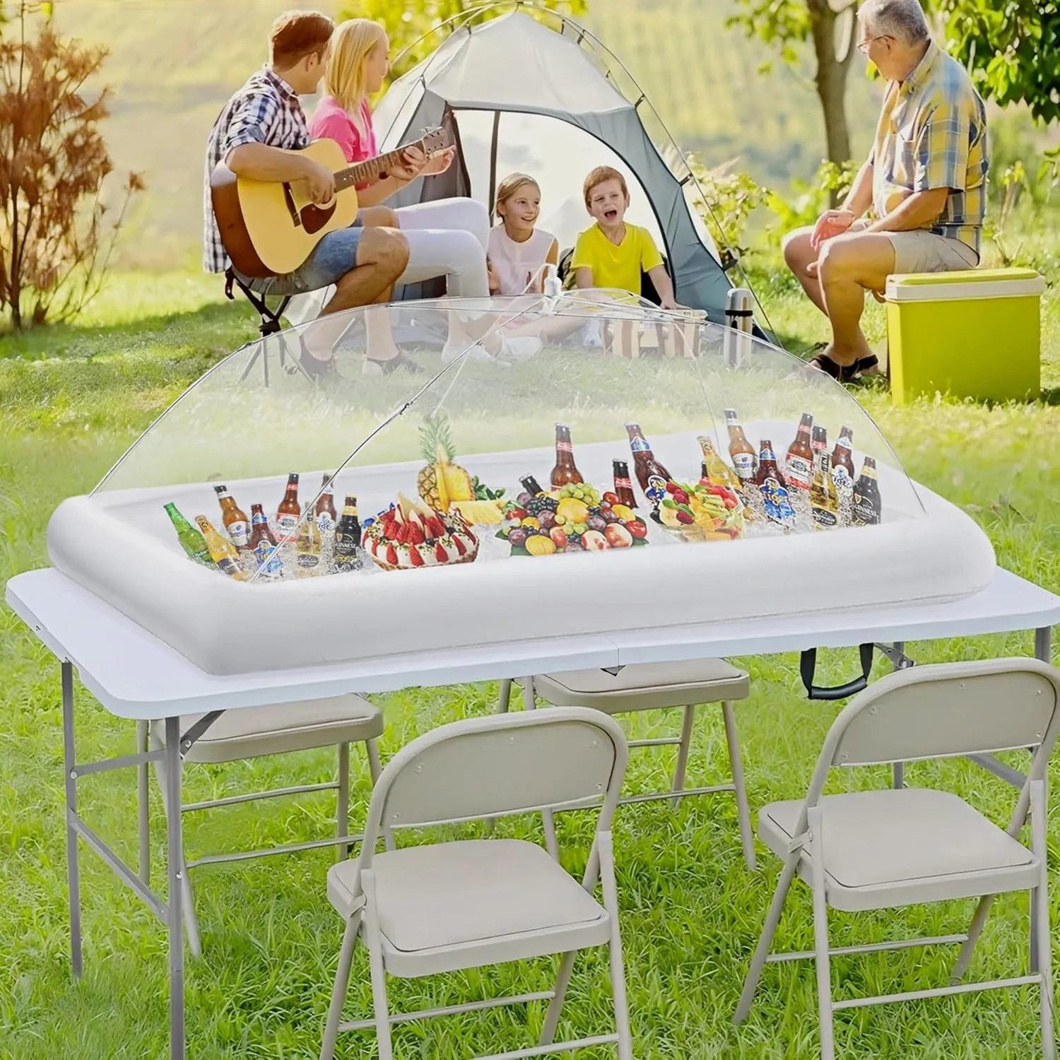 HBlife Inflatable Serving Bar with Jumbo Mesh Food Umbrella Cover, Party Supplies Set for Picnics BBQ Gathering Outside, 3 Inflatable Cooler, 3 Large Food Tents/Food Covers for Outdoors
